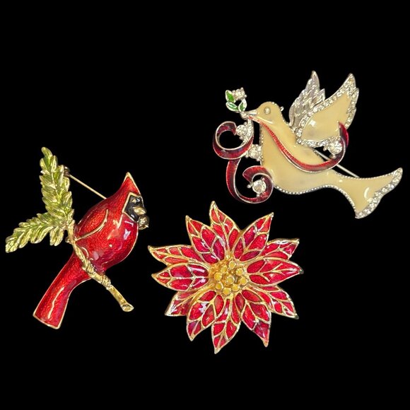 Christmas Brooch Set 3PC Holiday Festive Peace Dove Poinsettia Cardinal Bird Pin - Picture 1 of 14